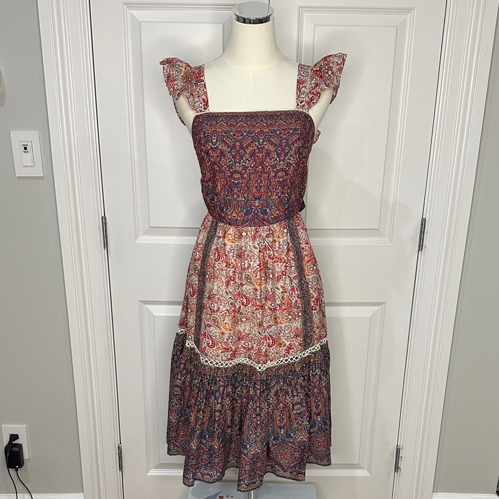 Haute Hippie Brown Cotton Boho Ruffles Peasant Vintage Tie Back Dress Size 10 - Picture 1 of 14